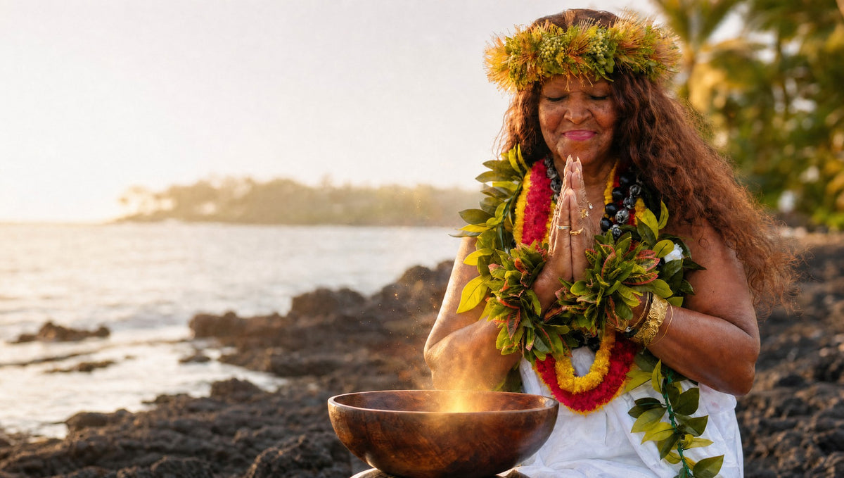 Kahu Kāhealani in pule on the shoreline at first light